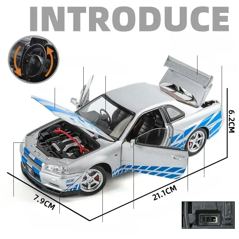 Nissan GTR R34 JDM 1:24 – Metalowy Model Sportowy z Dźwiękiem i Światłem