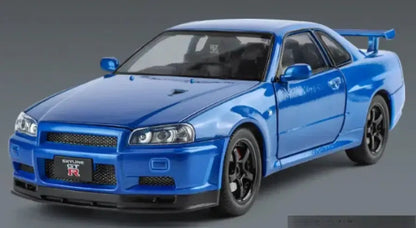 Nissan GTR R34 JDM 1:24 – Metalowy Model Sportowy z Dźwiękiem i Światłem - Niebieski z pudełkiem