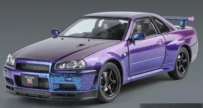 Nissan GTR R34 JDM 1:24 – Metalowy Model Sportowy z Dźwiękiem i Światłem - Fioletowy z pudełkiem