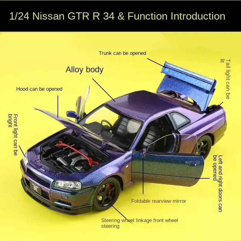 Nissan GTR R34 JDM 1:24 – Metalowy Model Sportowy z Dźwiękiem i Światłem