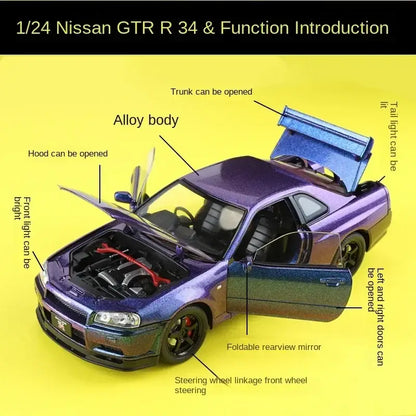 Nissan GTR R34 JDM 1:24 – Metalowy Model Sportowy z Dźwiękiem i Światłem