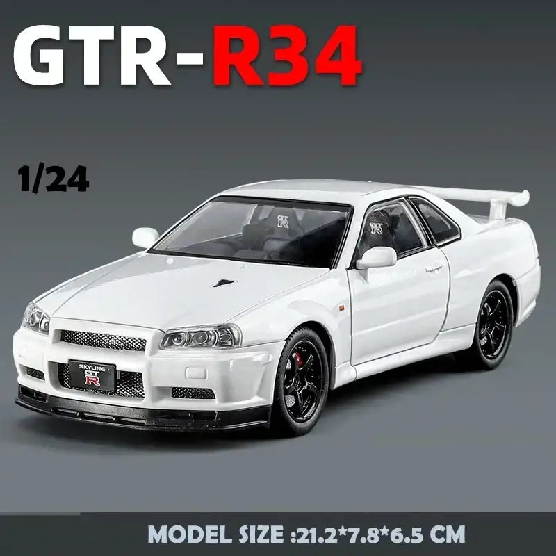 Nissan GTR R34 JDM 1:24 – Metalowy Model Sportowy z Dźwiękiem i Światłem - Biały bez pudełka