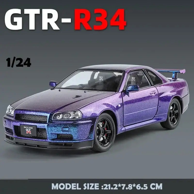 Nissan GTR R34 JDM 1:24 – Metalowy Model Sportowy z Dźwiękiem i Światłem - Fioletowy bez pudełka