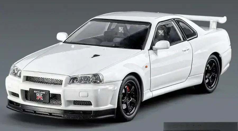 Nissan GTR R34 JDM 1:24 – Metalowy Model Sportowy z Dźwiękiem i Światłem - Biały z pudełkiem