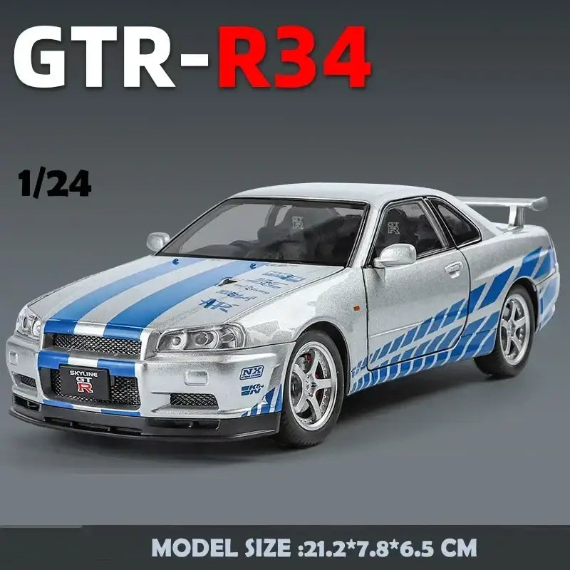 Nissan GTR R34 JDM 1:24 – Metalowy Model Sportowy z Dźwiękiem i Światłem - Srebrny bez pudełka