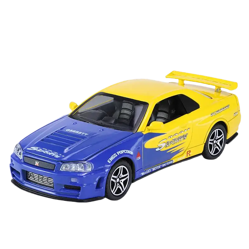 Nissan GTR R34 Skyline 1:32 – Metalowy Model Kolekcjonerski z Efektami Dźwiękowymi i Świetlnymi - Niebiesko żółty