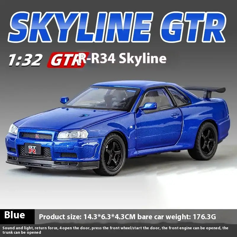 Nissan GTR R34 Skyline 1:32 Metalowy Model Supercar Z Efektami Dźwiękowymi I Świetlnymi - Niebieski bez pudełka