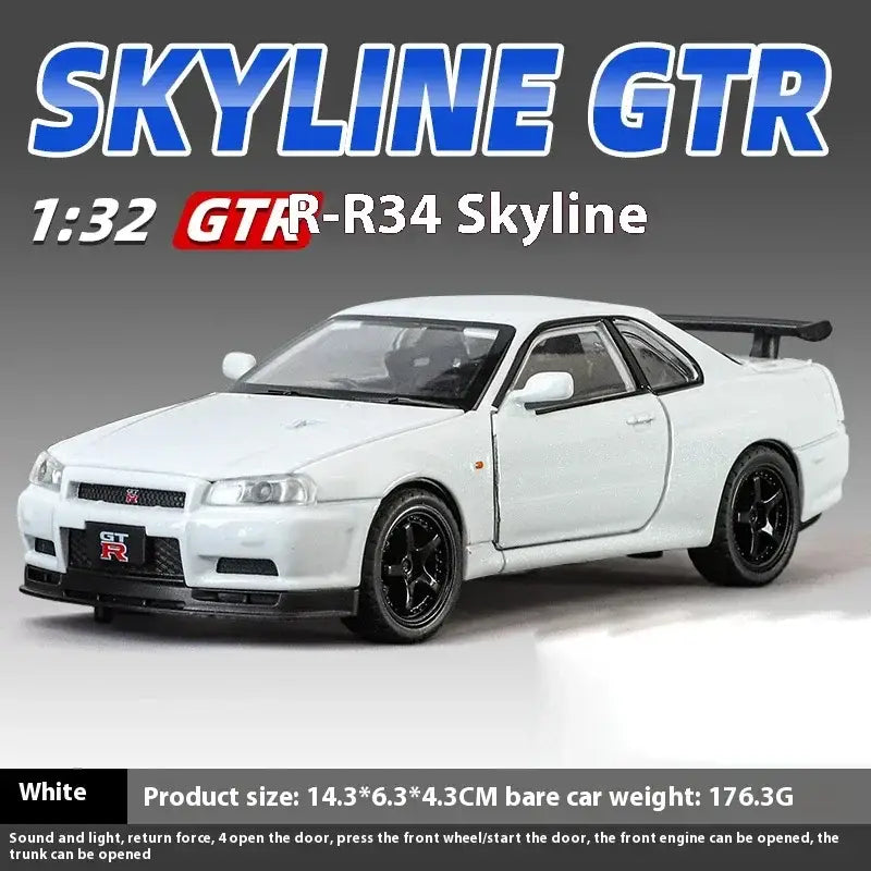 Nissan GTR R34 Skyline 1:32 Metalowy Model Supercar Z Efektami Dźwiękowymi I Świetlnymi - Biały bez pudełka