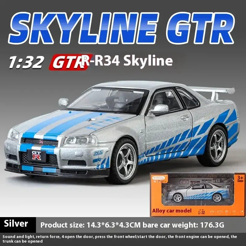 Nissan GTR R34 Skyline 1:32 Metalowy Model Supercar Z Efektami Dźwiękowymi I Świetlnymi - Srebrny z pudełkiem