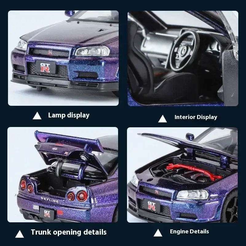 Nissan GTR R34 Skyline 1:32 Metalowy Model Supercar Z Efektami Dźwiękowymi I Świetlnymi