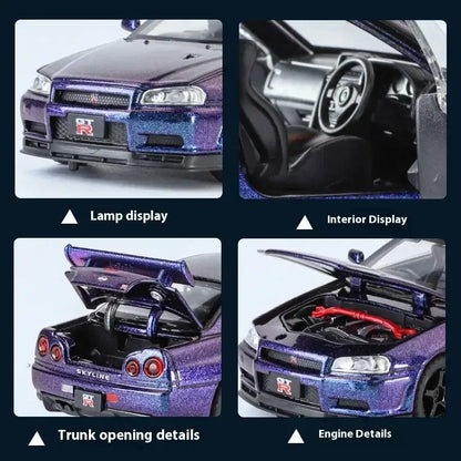 Nissan GTR R34 Skyline 1:32 Metalowy Model Supercar Z Efektami Dźwiękowymi I Świetlnymi