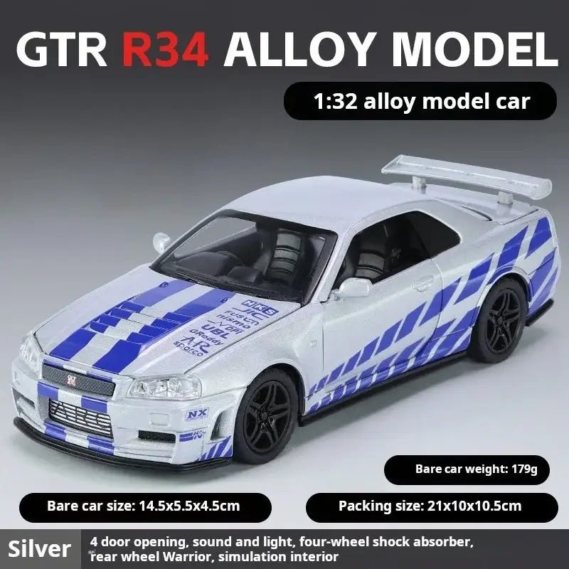 Nissan GTR34 Skyline 1:32 – Metalowy Model Wyścigowy z Dźwiękiem i Światłem - Biały