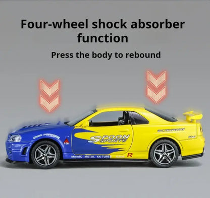 Nissan GTR34 Skyline 1:32 – Metalowy Model Wyścigowy z Dźwiękiem i Światłem