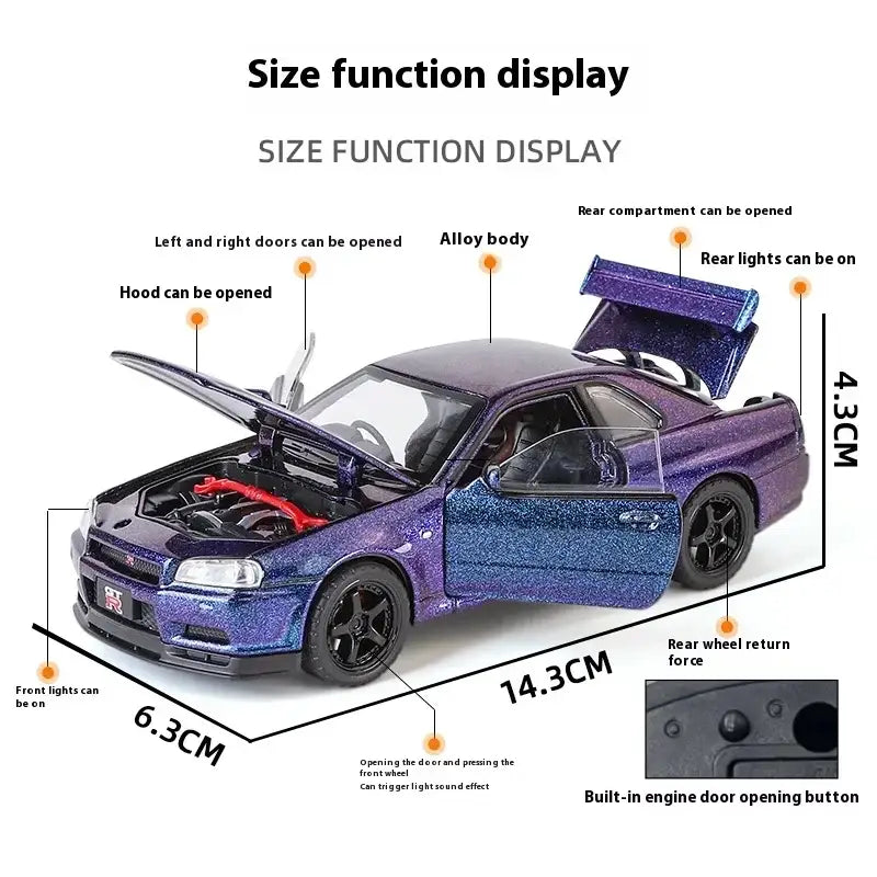 Nissan GTR R34 Skyline 1:32 Metalowy Model Supercar Z Efektami Dźwiękowymi I Świetlnymi