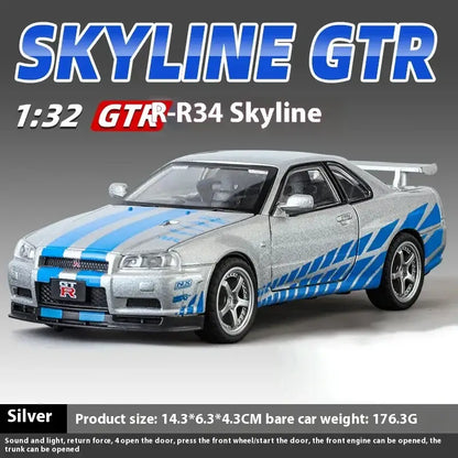 Nissan GTR R34 Skyline 1:32 Metalowy Model Supercar Z Efektami Dźwiękowymi I Świetlnymi - Srebrny bez pudełka