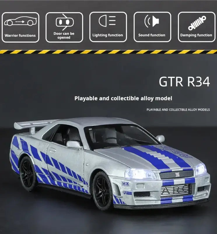 Nissan GTR34 Skyline 1:32 – Metalowy Model Wyścigowy z Dźwiękiem i Światłem
