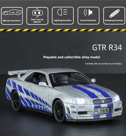 Nissan GTR34 Skyline 1:32 – Metalowy Model Wyścigowy z Dźwiękiem i Światłem