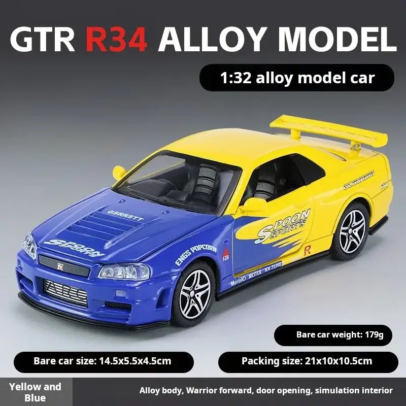Nissan GTR34 Skyline 1:32 – Metalowy Model Wyścigowy z Dźwiękiem i Światłem - Żółto niebieski