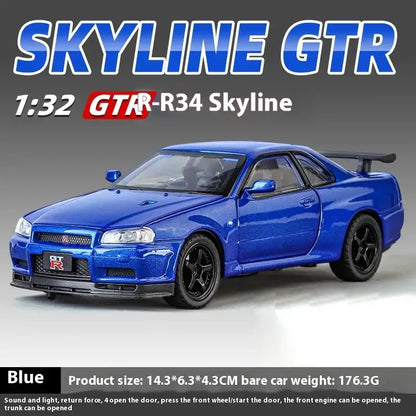 Nissan GTR R34 Skyline 1:32 Metalowy Model Supercar Z Efektami Dźwiękowymi I Świetlnymi - Niebieski bez pudełka