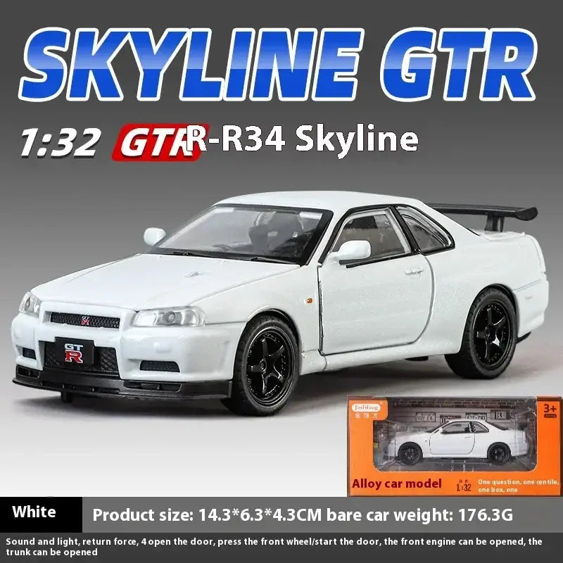 Nissan GTR R34 Skyline 1:32 Metalowy Model Supercar Z Efektami Dźwiękowymi I Świetlnymi - Biały z pudełkiem