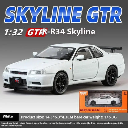 Nissan GTR R34 Skyline 1:32 Metalowy Model Supercar Z Efektami Dźwiękowymi I Świetlnymi - Biały z pudełkiem
