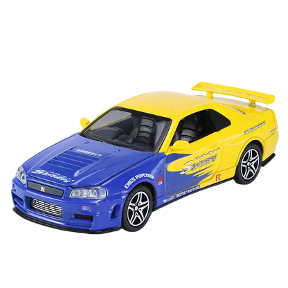 Nissan GTR R34 Skyline 1:32 – Metalowy Model Kolekcjonerski z Efektami Dźwiękowymi i Świetlnymi - Niebiesko żółty