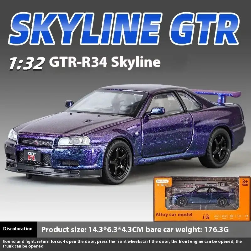 Nissan GTR R34 Skyline 1:32 Metalowy Model Supercar Z Efektami Dźwiękowymi I Świetlnymi - Fioletowy z pudełkiem