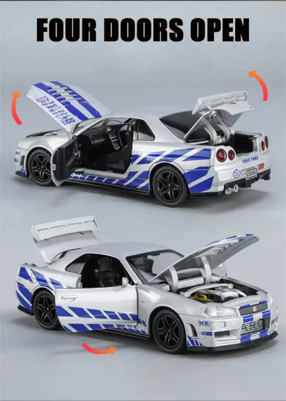 Nissan GTR R34 Skyline 1:32 – Metalowy Model Kolekcjonerski z Efektami Dźwiękowymi i Świetlnymi