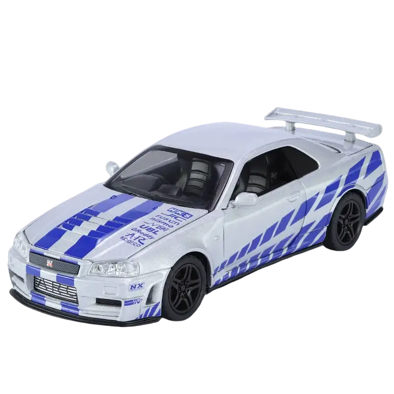Nissan GTR R34 Skyline 1:32 – Metalowy Model Kolekcjonerski z Efektami Dźwiękowymi i Świetlnymi - Srebrny