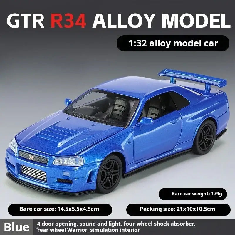 Nissan GTR34 Skyline 1:32 – Metalowy Model Wyścigowy z Dźwiękiem i Światłem - Niebieski