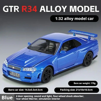 Nissan GTR34 Skyline 1:32 – Metalowy Model Wyścigowy z Dźwiękiem i Światłem - Niebieski
