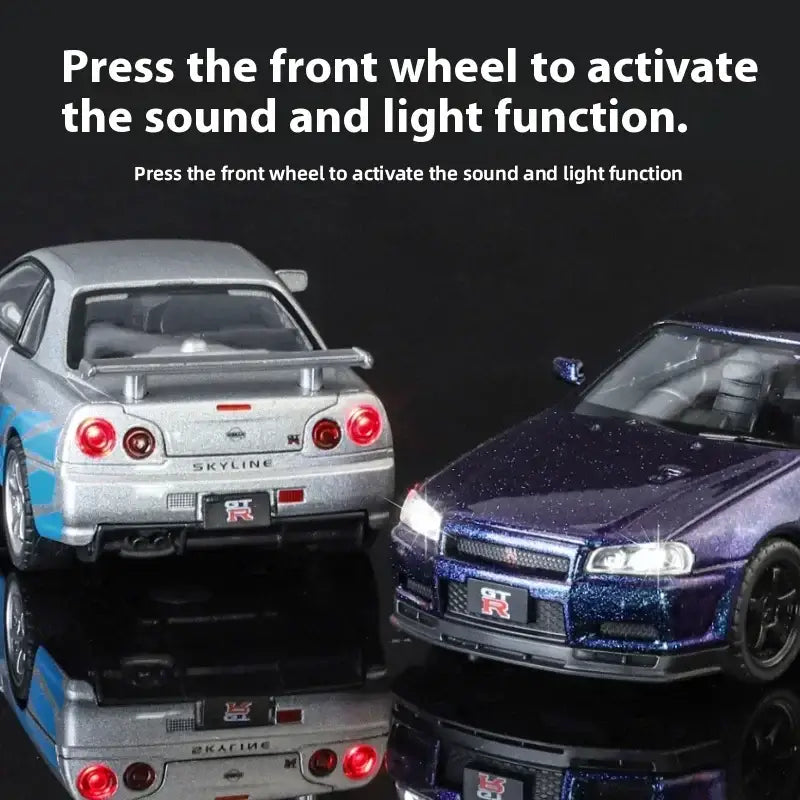 Nissan GTR R34 Skyline 1:32 Metalowy Model Supercar Z Efektami Dźwiękowymi I Świetlnymi