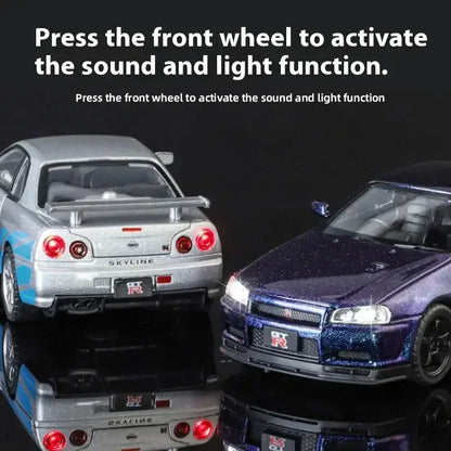 Nissan GTR R34 Skyline 1:32 Metalowy Model Supercar Z Efektami Dźwiękowymi I Świetlnymi