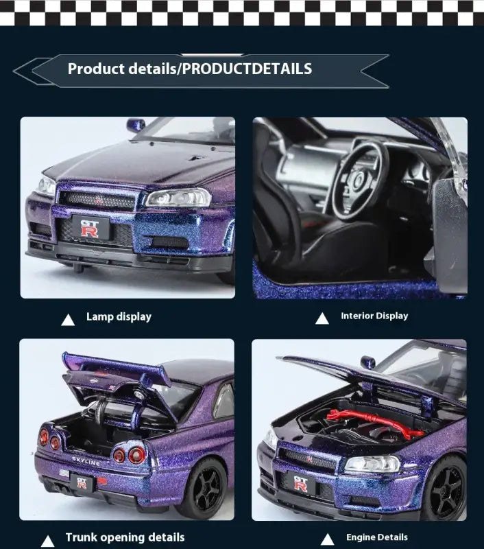 Nissan GTR R34 Skyline 1:32 Metalowy Model Supercar Z Efektami Dźwiękowymi I Świetlnymi