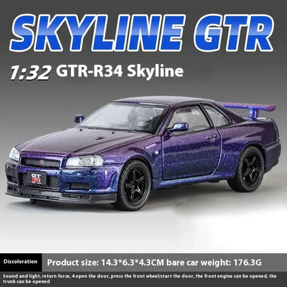 Nissan GTR R34 Skyline 1:32 Metalowy Model Supercar Z Efektami Dźwiękowymi I Świetlnymi - Fioletowy bez pudełka