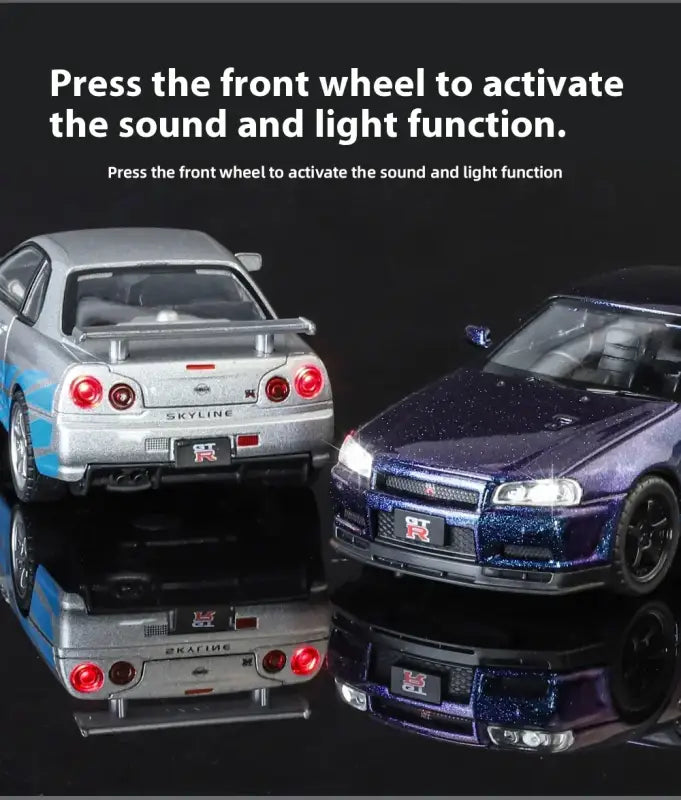 Nissan GTR R34 Skyline 1:32 Metalowy Model Supercar Z Efektami Dźwiękowymi I Świetlnymi