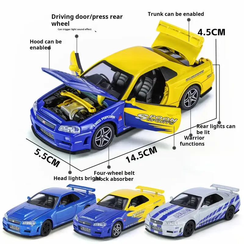 Nissan GTR34 Skyline 1:32 – Metalowy Model Wyścigowy z Dźwiękiem i Światłem