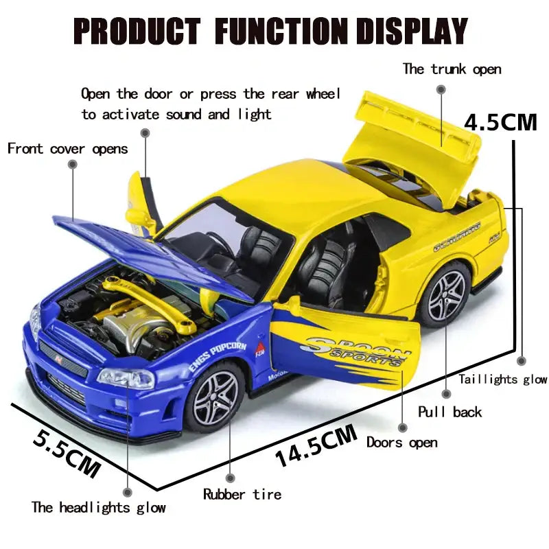 Nissan GTR R34 Skyline 1:32 – Metalowy Model Kolekcjonerski z Efektami Dźwiękowymi i Świetlnymi