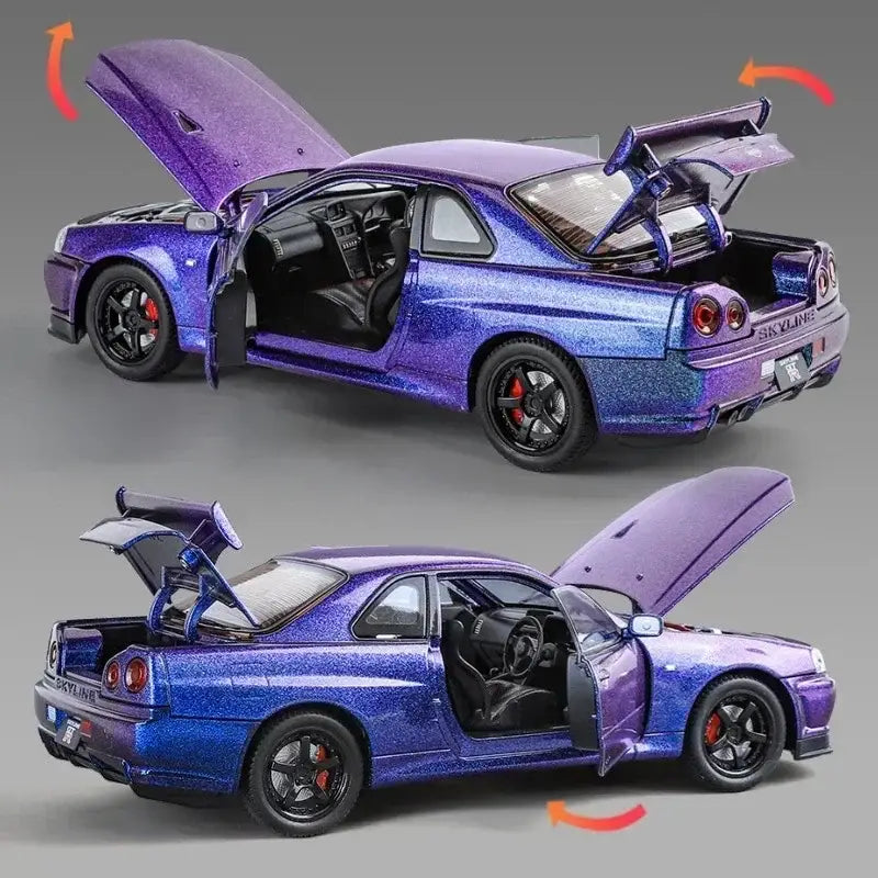 Nissan Skyline GTR R34 1:24 – Metalowy Model Samochodu Z Dźwiękiem i Światłem Idealny Prezent
