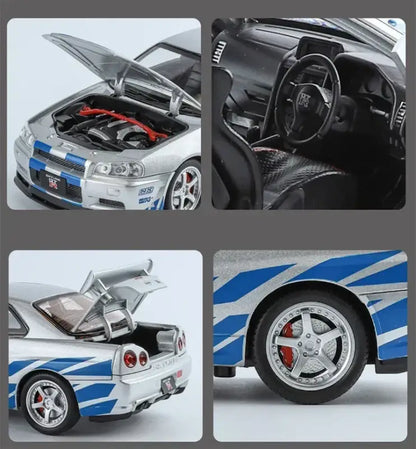 Nissan Skyline GTR R34 1:24 – Metalowy Model Samochodu Z Dźwiękiem i Światłem Idealny Prezent