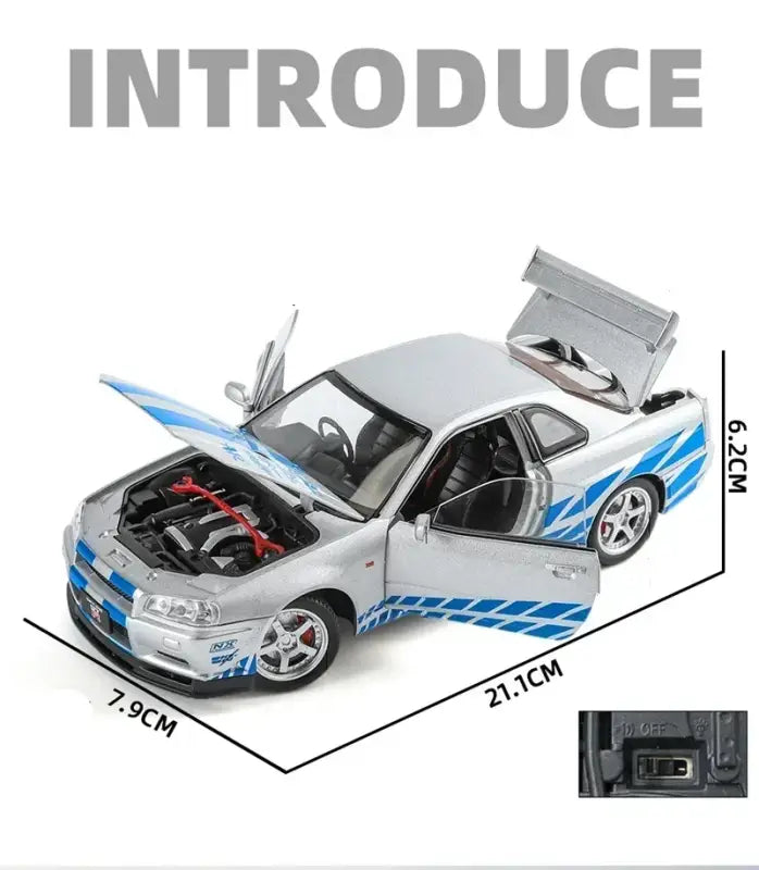 Nissan Skyline GTR R34 1:24 – Metalowy Model Samochodu Z Dźwiękiem i Światłem Idealny Prezent