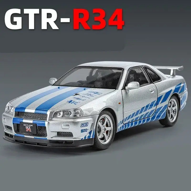 Nissan Skyline GTR R34 1:24 – Metalowy Model Samochodu Z Dźwiękiem i Światłem Idealny Prezent - Srebrny