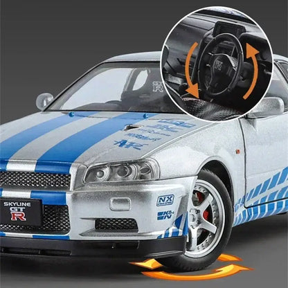 Nissan Skyline GTR R34 1:24 – Metalowy Model Samochodu Z Dźwiękiem i Światłem Idealny Prezent