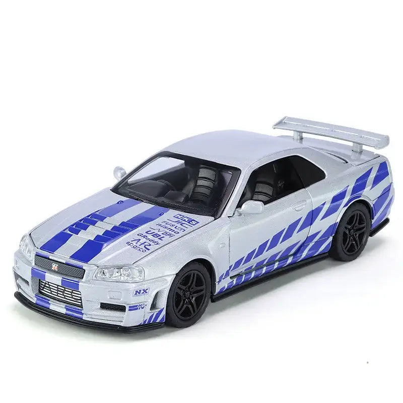 Skyline Ares GTR R34 1:32 – Metalowy Model Samochodu Wyścigowego z Efektami Dźwiękowymi i Świetlnymi - Srebrny