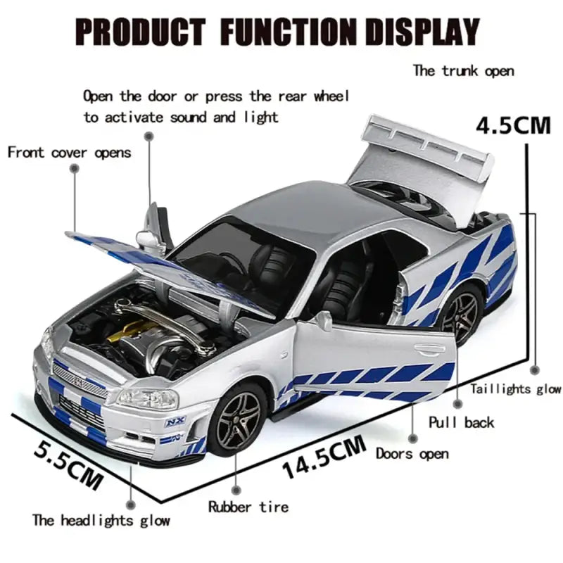 Skyline Ares GTR R34 1:32 – Metalowy Model Samochodu Wyścigowego z Efektami Dźwiękowymi i Świetlnymi