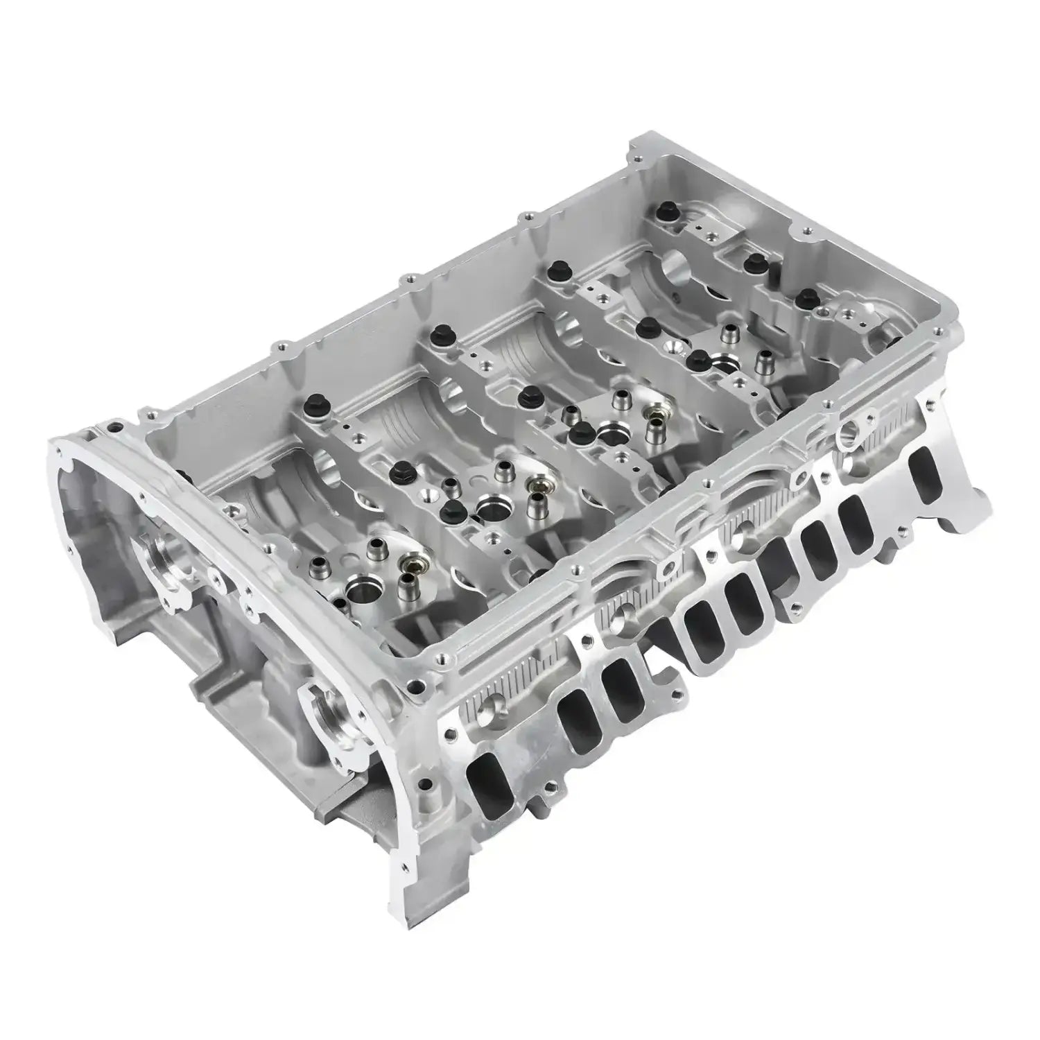 Srebrna aluminiowa głowica cylindrowa ap03 z obrabianymi powierzchniami i czarnymi gumowymi przepustami do peugeot boxer i ford transit