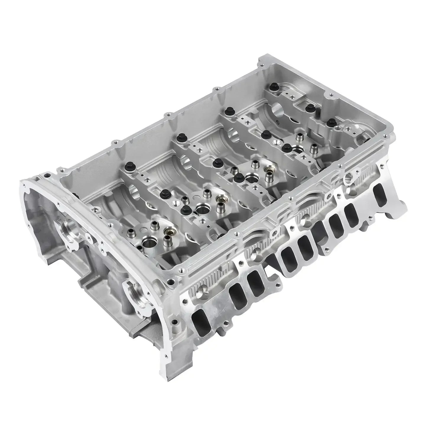 Srebrna aluminiowa głowica cylindrowa ap03 z obrabianymi powierzchniami i czarnymi gumowymi przepustami do peugeot boxer i ford transit