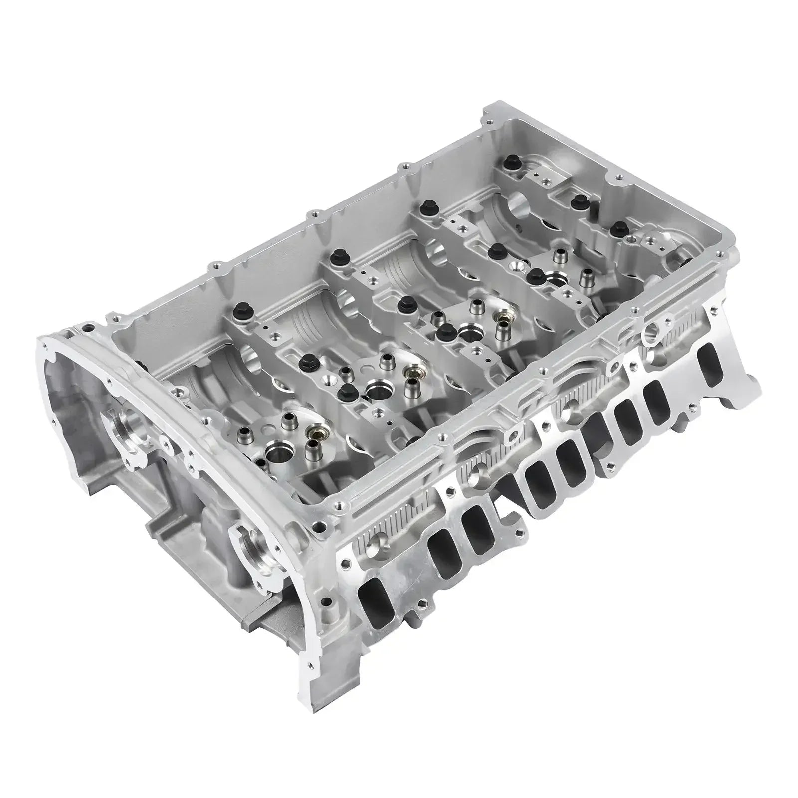 Srebrna aluminiowa głowica cylindrowa ap03 z obrabianymi powierzchniami i czarnymi gumowymi przepustami do peugeot boxer i ford transit