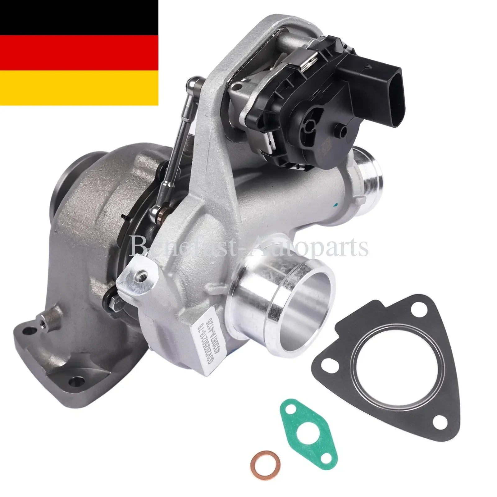 Srebrna metaliczna turbosprężarka z czarnymi plastikowymi elementami i zieloną uszczelką do ford transit v363 ecoblue gk2q6k682bb