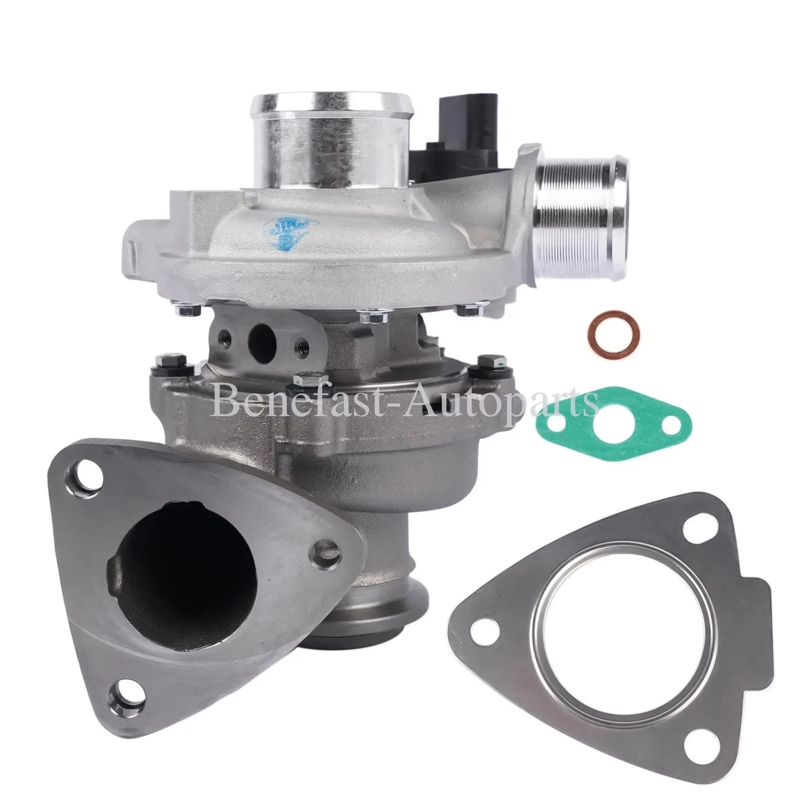 Nowa turbosprężarka silver metallic gk2q6k682bb z czarnym plastikiem i uszczelkami do ford transit v363 ecoblue